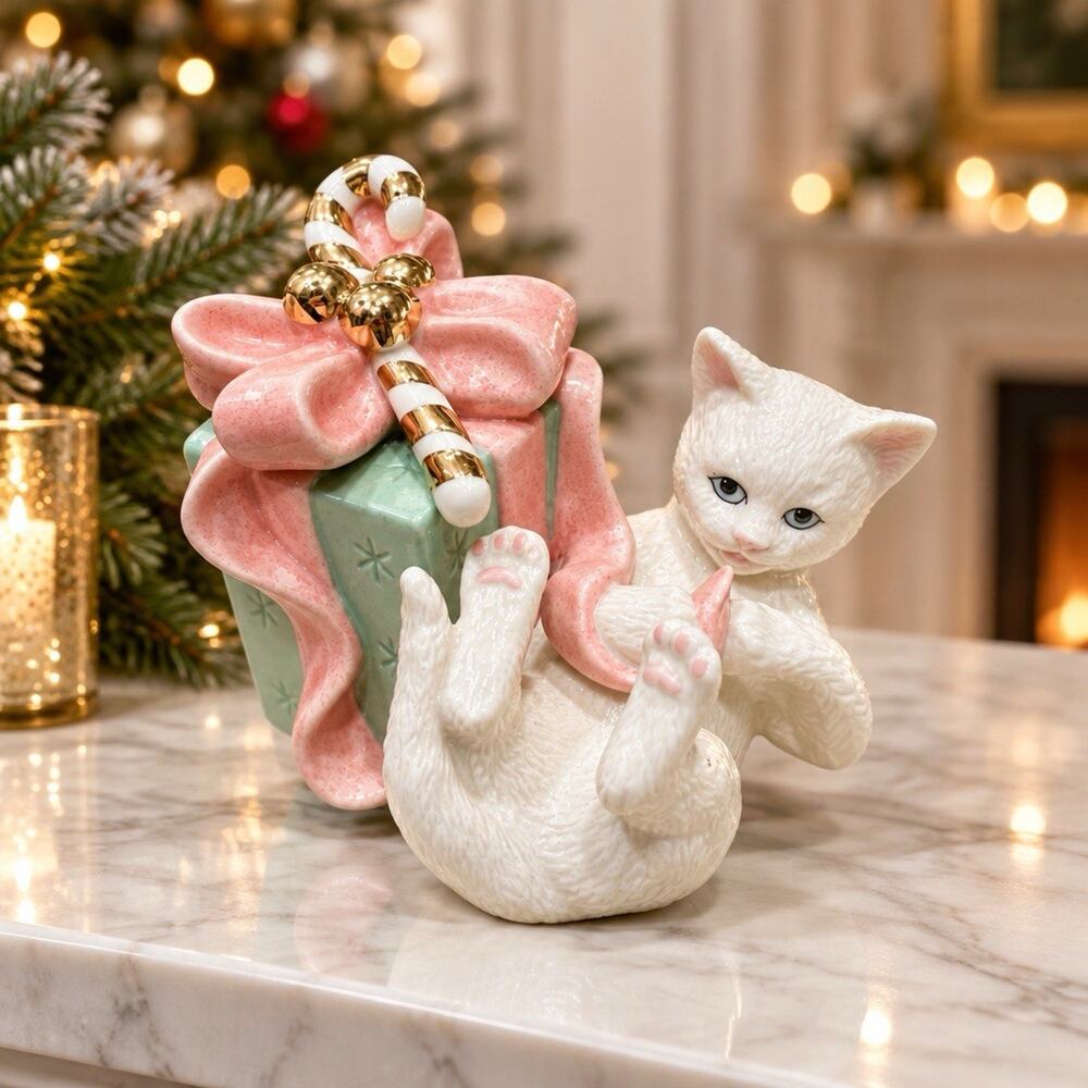 Lenox Porcelain Kitten With Gift Box Pink Bow Cat Figurine Collectible
